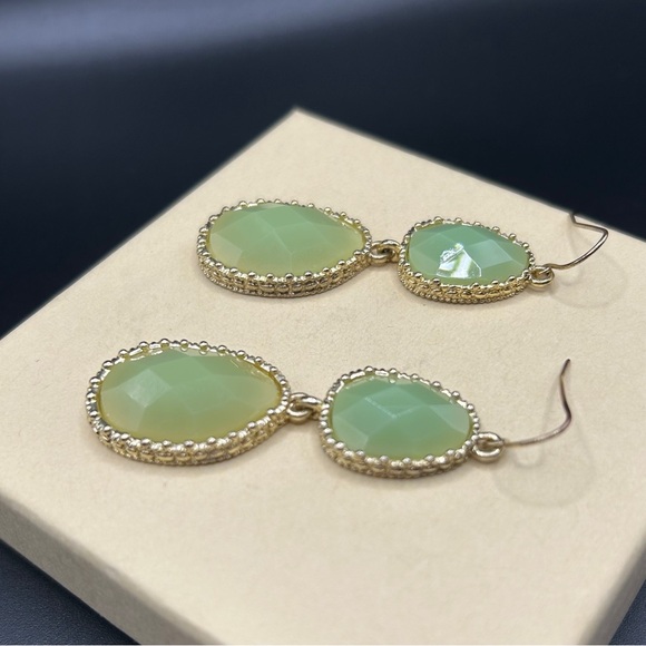 Gold Tone & Green Stone Double Drop Earrings - Picture 5 of 9